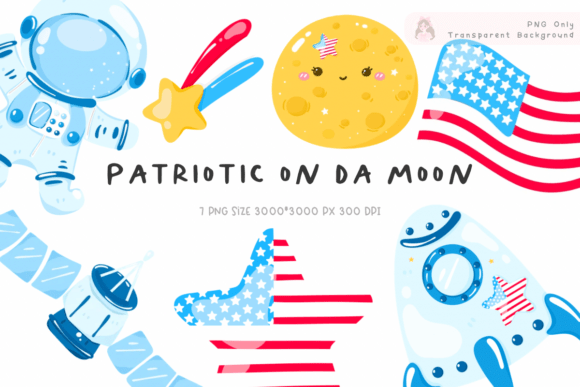 Astronaut and Moon Patriotic Clipart PNG: Cute Cosmic Americana