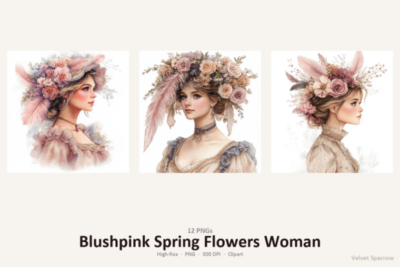 Blushpink Spring Flowers Woman: Soft Floral Clipart for Designers
