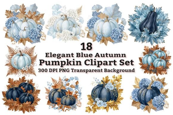 Elegant Blue Autumn Pumpkin Clipart: A Fresh Take on Fall Design