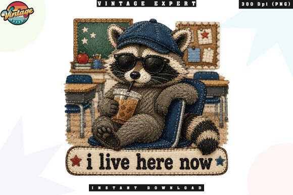 I Live Here Now Raccoon Patchwork PNG: A Cozy Design Asset