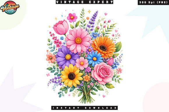Retro Colorful Wildflower Bouquet: A Digital Asset for Vibrant Design