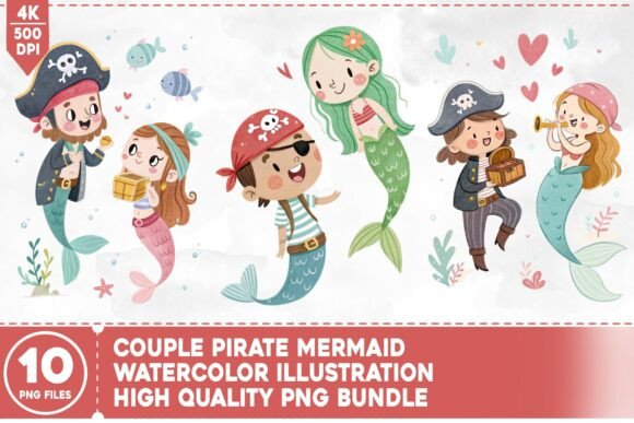 Set Sail for Adventure with a Couple Pirate Mermaid Watercolor Bundle