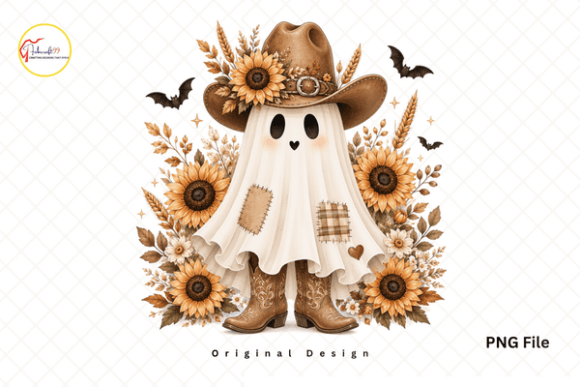Western Sunflower Cowgirl Ghost PNG: Spooky Cute Fall Design