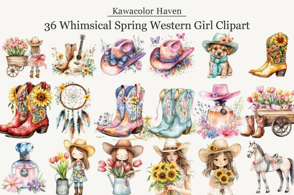 Whimsical Spring Western Girl Clipart: Creative Design Freedom